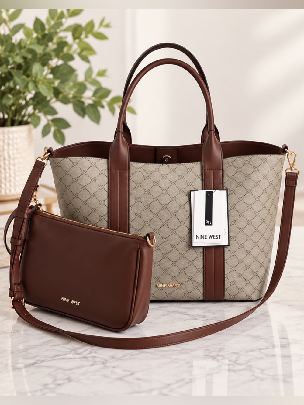 Nine West Kole 2 in 1 Brown and Tan Tote Bag